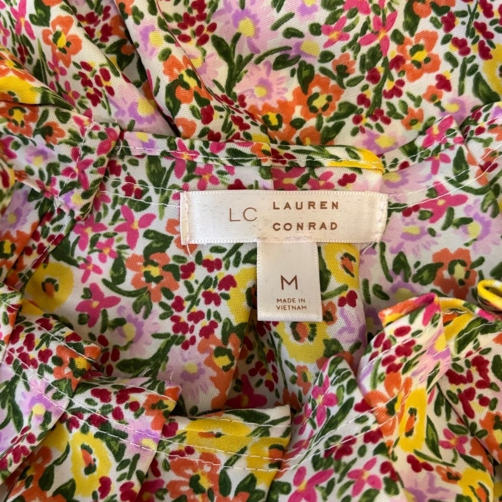 Lauren Conrad Floral Blouse Womens Medium‎ Pink Yellow Tie Back Cap Sleeve - Picture 4 of 6